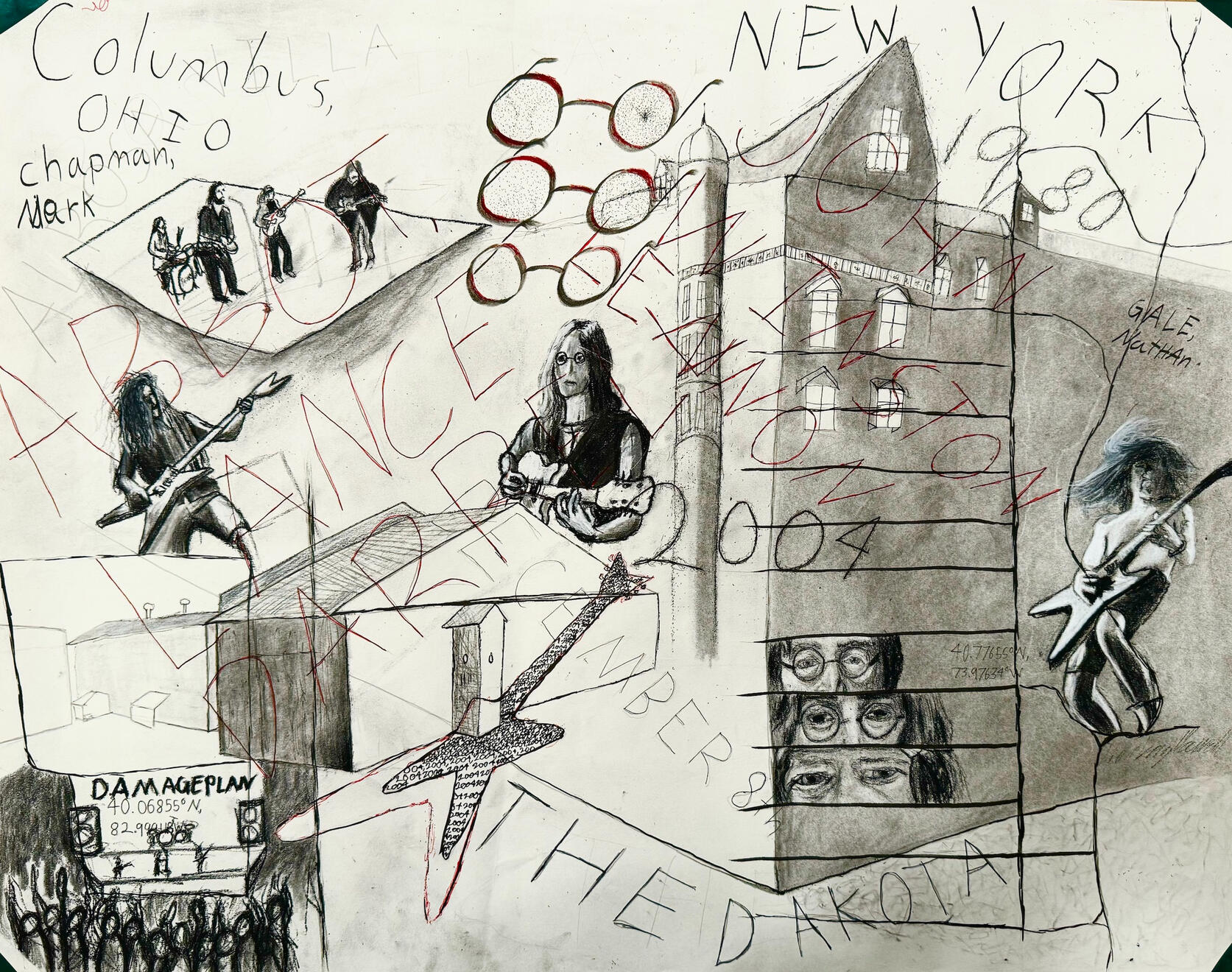 John Lennon &amp; Dimebag Darrell - Palimpsest Drawing, Ink and Charcoal